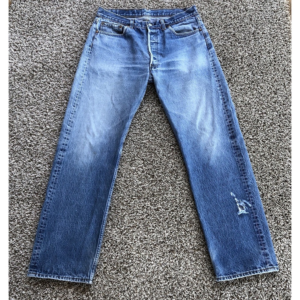 Vintage 90s Levis 501 Jeans 36x34 Distress Denim Red Tab 553 Factory Made In USA